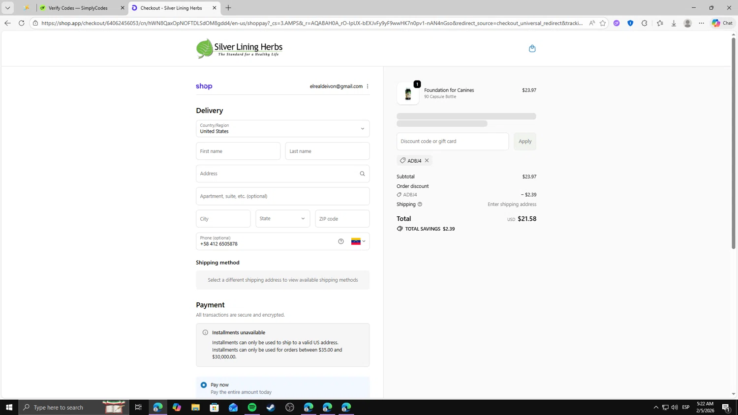 Silver Lining Herbs checkout page showing Silver Lining Herbs discount code box | Screenshot taken by SimplyCodes community member on Feb 5, 2026