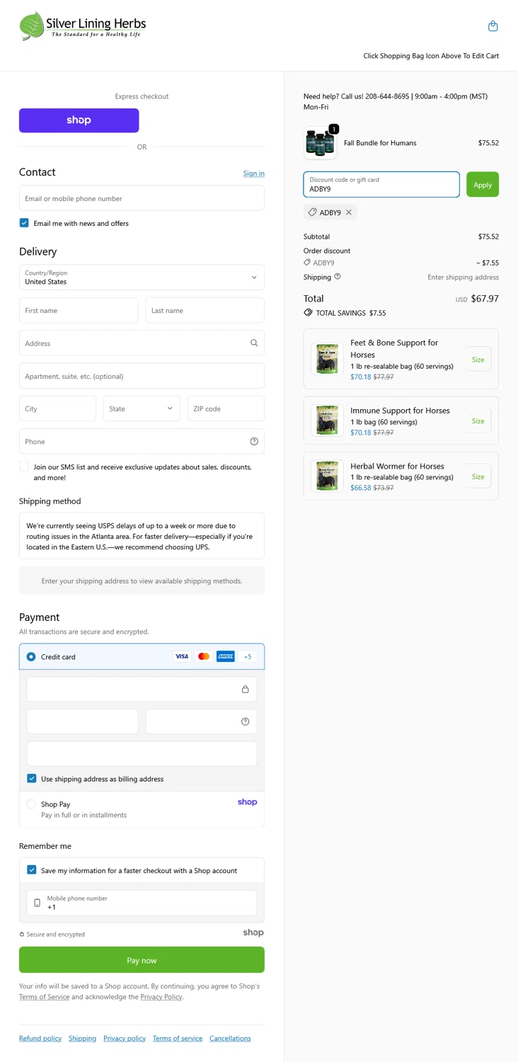 Silver Lining Herbs discount code screenshot showing code ADBY9 applied at Silver Lining Herbs checkout page. Uploaded by SimplyCodes community member _Flash_ on Oct 17, 2025