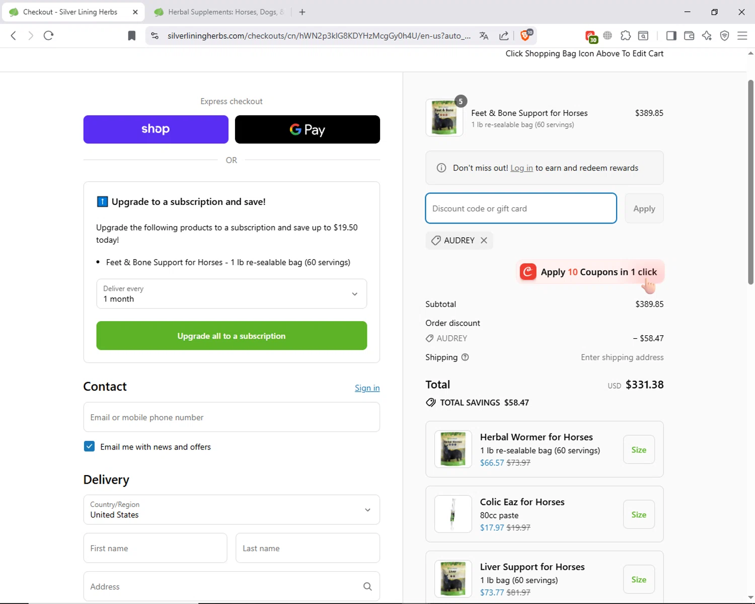 Silver Lining Herbs discount code screenshot showing code AUDREY applied at Silver Lining Herbs checkout page. Uploaded by SimplyCodes community member ShieldAdmiral6835 on Sep 10, 2025