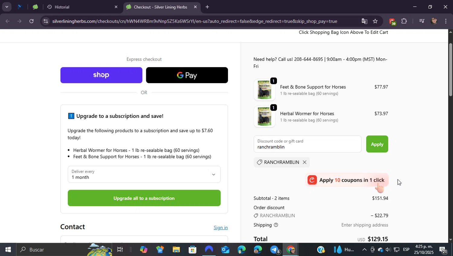 Silver Lining Herbs discount code screenshot showing code ranchramblin applied at Silver Lining Herbs checkout page. Uploaded by SimplyCodes community member ShieldEagle9436 on Oct 25, 2025