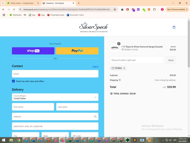 SilverSpeck checkout page showing SilverSpeck promo code box | Screenshot taken by SimplyCodes community member on Feb 20, 2025