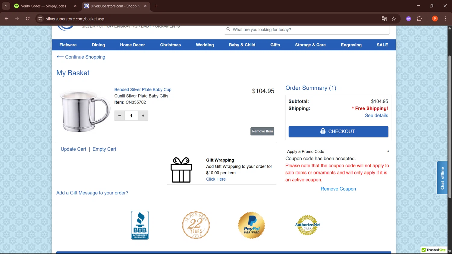 Silver Superstore promo code screenshot showing code LABORDAY applied at Silver Superstore checkout page. Uploaded by SimplyCodes community member LegendaryPro3698 on Jul 20, 2025