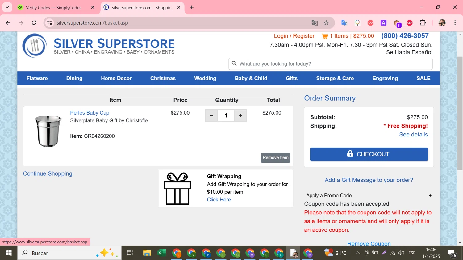 Silver Superstore promo code screenshot showing code LABORDAY applied at Silver Superstore checkout page. Uploaded by SimplyCodes community member Susejprimera on Jan 1, 2025