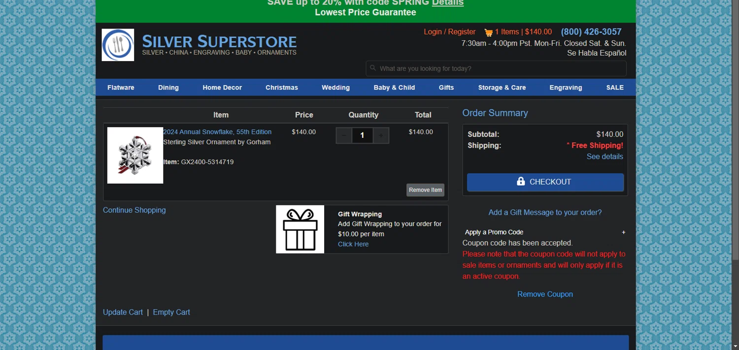 Silver Superstore promo code screenshot showing code WINTER applied at Silver Superstore checkout page. Uploaded by SimplyCodes community member Nor_man on Mar 29, 2025