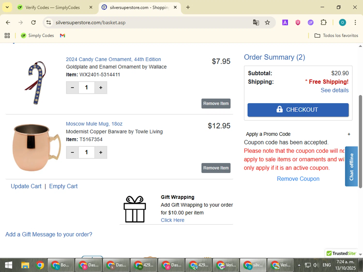 Silver Superstore promo code screenshot showing code BFRIDAY applied at Silver Superstore checkout page. Uploaded by SimplyCodes community member BudgetSeeker9524 on Oct 13, 2025