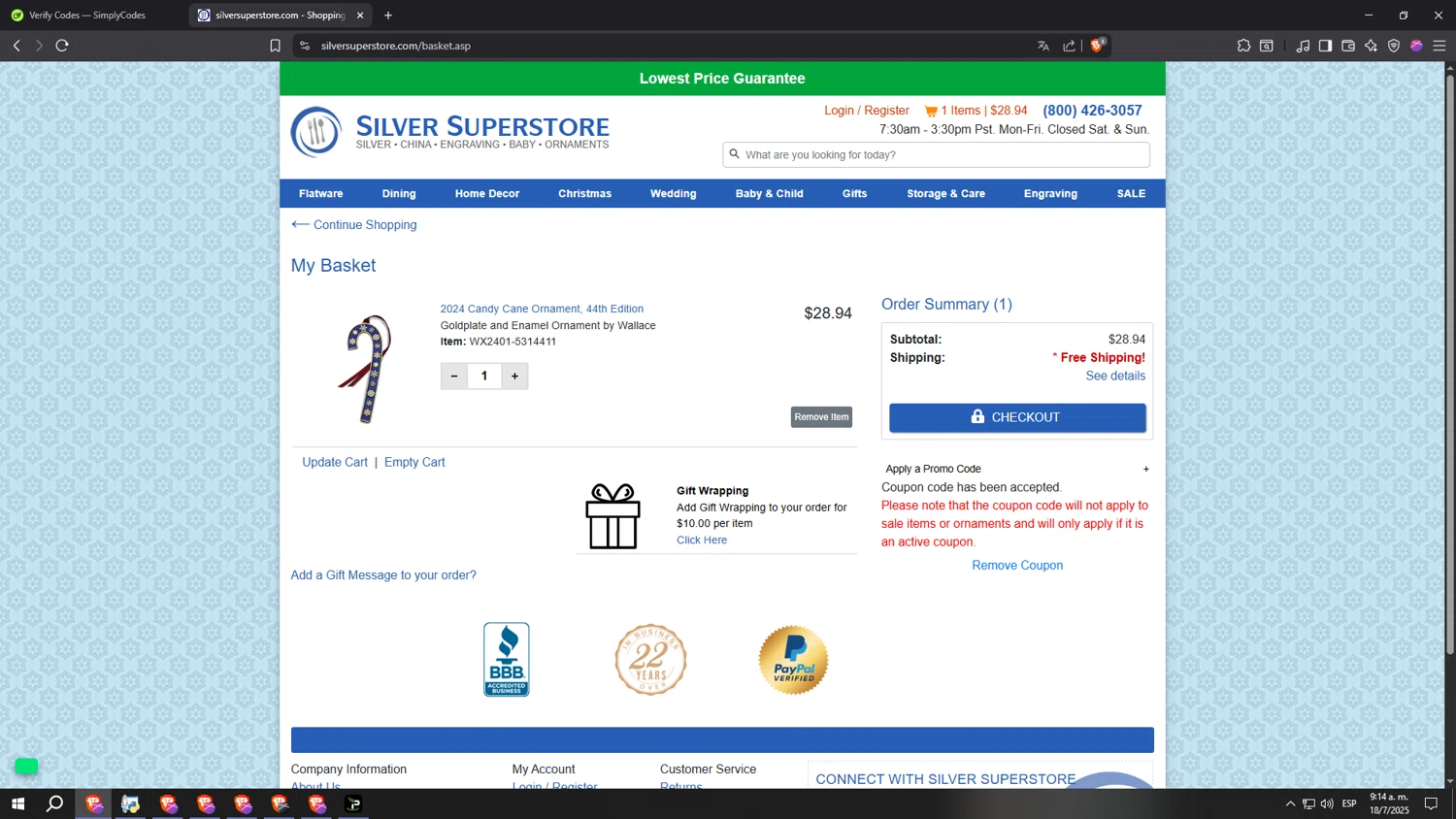 Silver Superstore promo code screenshot showing code BFRIDAY applied at Silver Superstore checkout page. Uploaded by SimplyCodes community member kkkkkkkkkkkkkkkkkkkk on Jul 18, 2025
