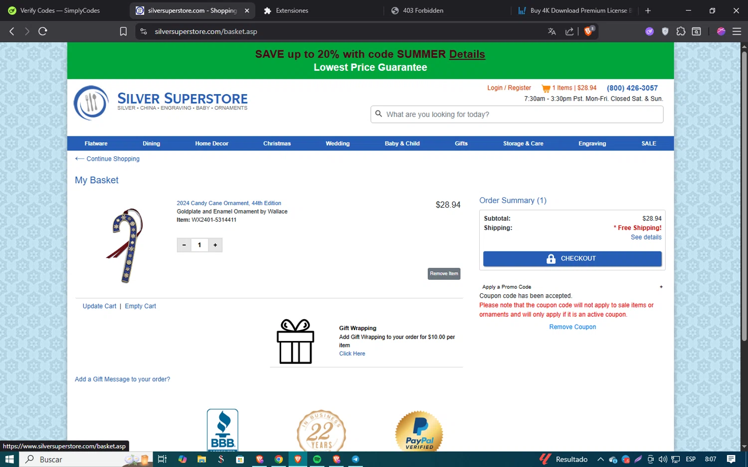 Silver Superstore promo code screenshot showing code BFRIDAY applied at Silver Superstore checkout page. Uploaded by SimplyCodes community member SmartSaver5858 on Aug 16, 2025