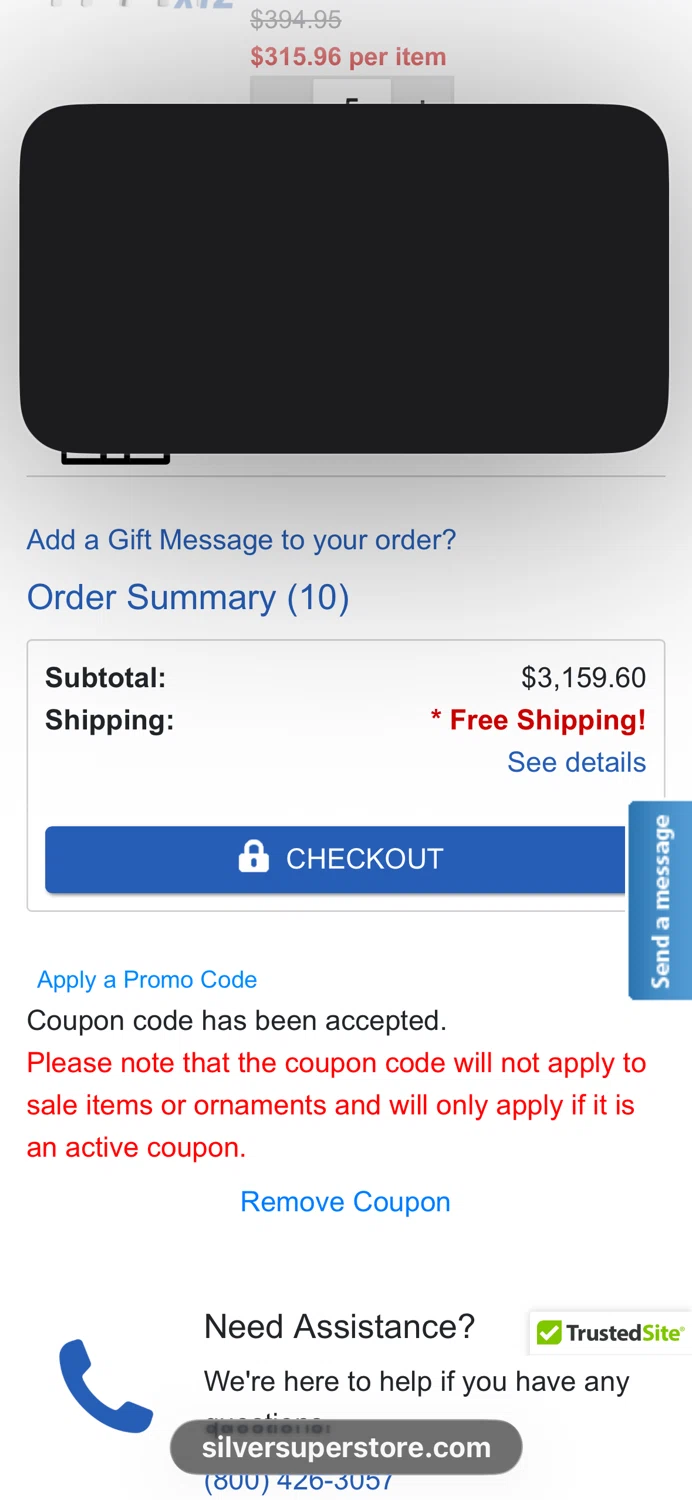 Silver Superstore promo code screenshot showing code VETERANS applied at Silver Superstore checkout page. Uploaded by SimplyCodes community member Woodstock on Nov 11, 2025