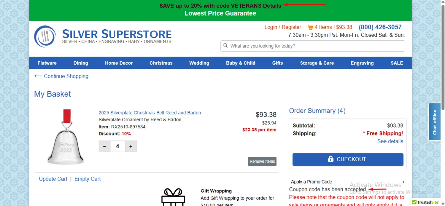 Silver Superstore promo code screenshot showing code VETERANS applied at Silver Superstore checkout page. Uploaded by SimplyCodes community member anosesmith on Nov 11, 2025