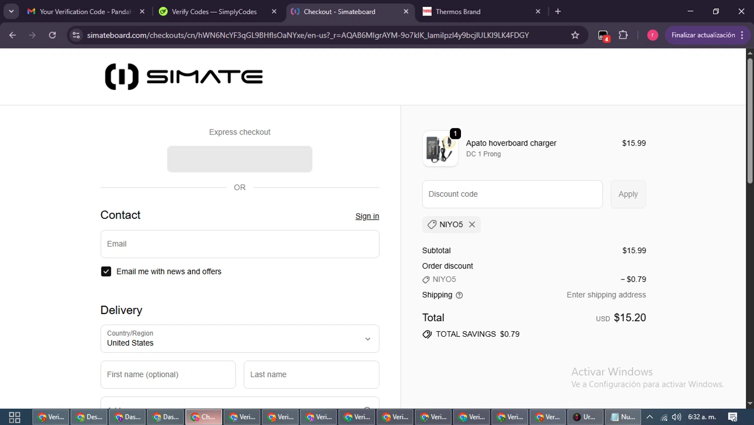 Simateboard promo code screenshot showing code NIYO5 applied at Simateboard checkout page. Uploaded by SimplyCodes community member WisePro3739 on Dec 13, 2025