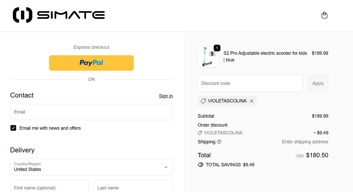 Simateboard promo code screenshot showing code VIOLETASCOLINA applied at Simateboard checkout page. Uploaded by SimplyCodes community member SavingsMaestro5061 on Dec 15, 2025