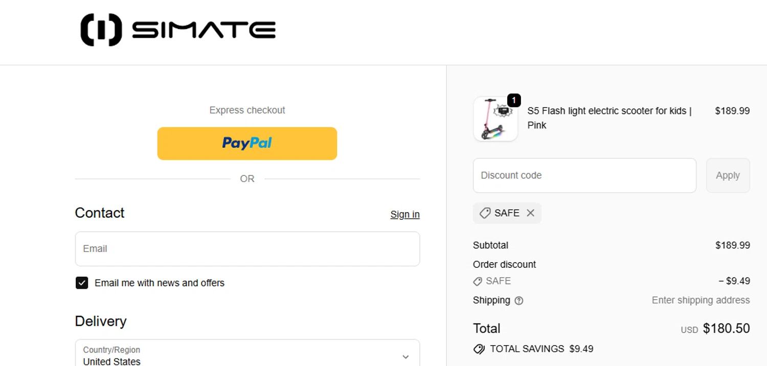 Simateboard promo code screenshot showing code SAFE applied at Simateboard checkout page. Uploaded by SimplyCodes community member ValiantLion5897 on Dec 19, 2025