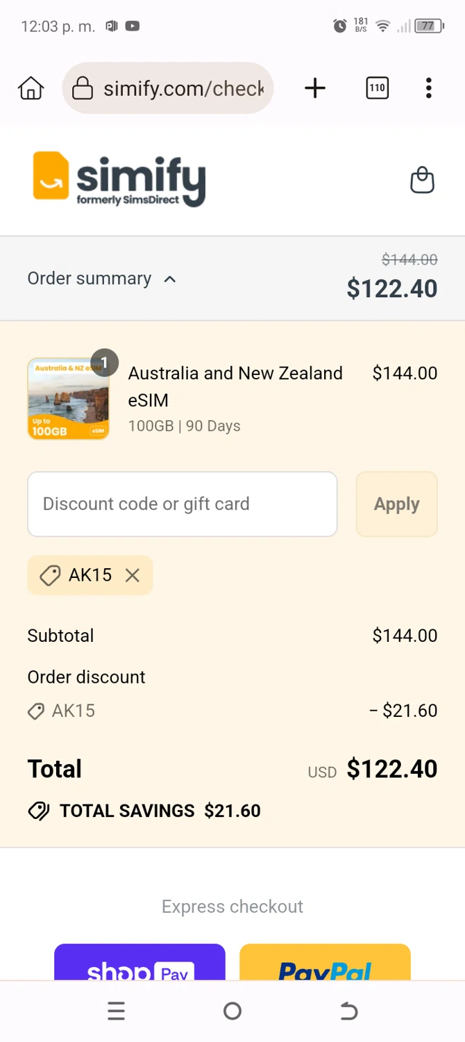 Simify checkout page showing Simify discount code box | Screenshot taken by SimplyCodes community member on Aug 6, 2025