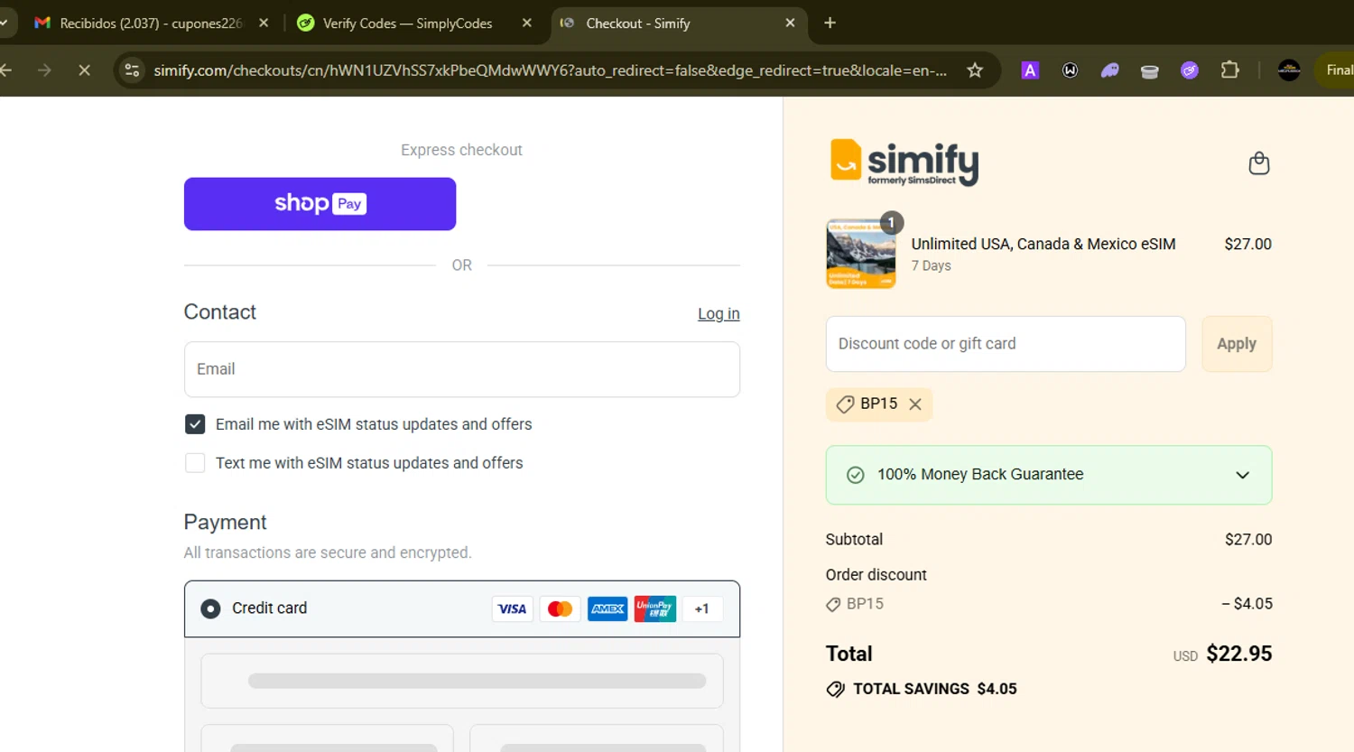 Simify checkout page showing Simify discount code box | Screenshot taken by SimplyCodes community member on Aug 6, 2025