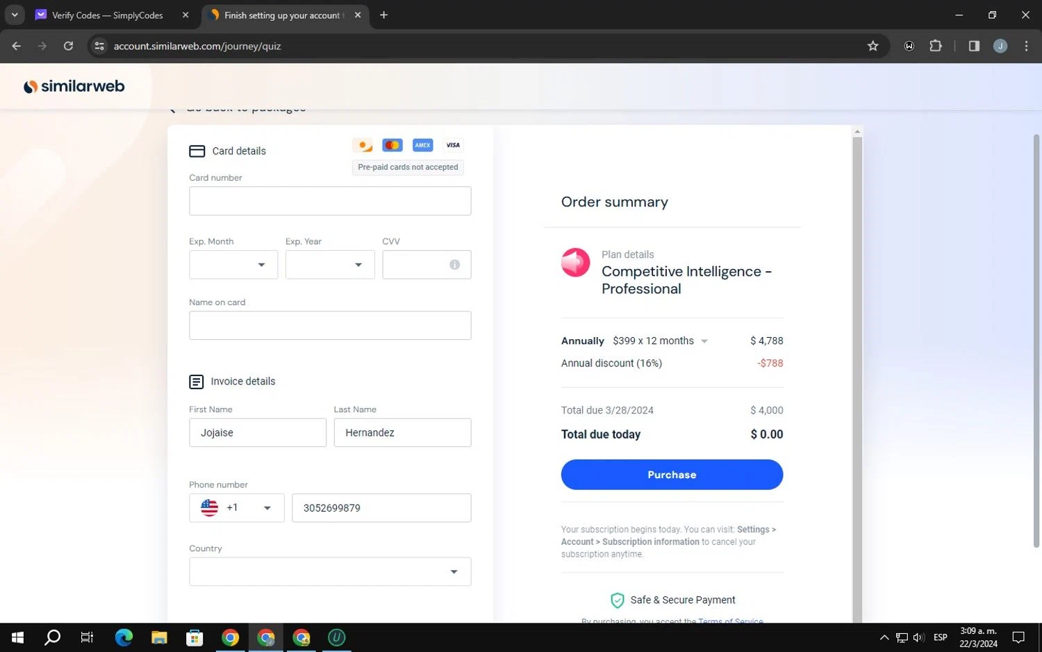 SimilarWeb checkout page showing SimilarWeb promo code box | Screenshot taken by SimplyCodes community member on Mar 22, 2024