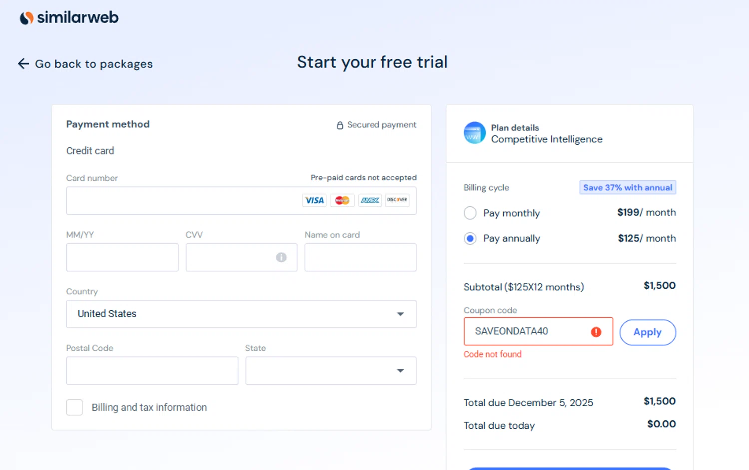 SimilarWeb promo code screenshot showing code SAVEONDATA40 applied at SimilarWeb checkout page. Uploaded by SimplyCodes community member SimplyCVerlie on Nov 29, 2025