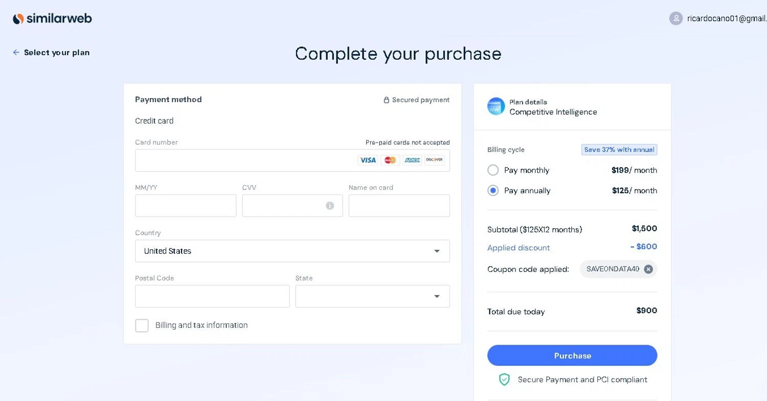 SimilarWeb promo code screenshot showing code SAVEONDATA40 applied at SimilarWeb checkout page. Uploaded by SimplyCodes community member LAMINEJAMAL on Sep 23, 2025