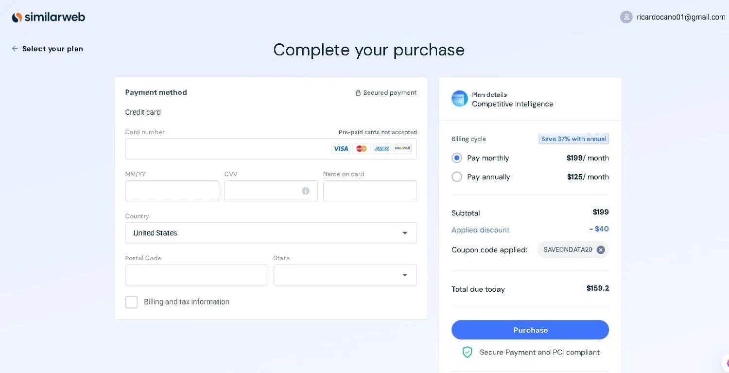 SimilarWeb promo code screenshot showing code SAVEONDATA20 applied at SimilarWeb checkout page. Uploaded by SimplyCodes community member LAMINEJAMAL on Sep 23, 2025