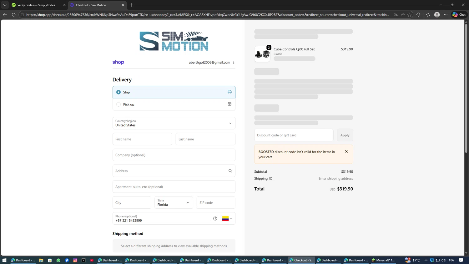 Sim-Motion US promo code screenshot showing code BOOSTED applied at Sim-Motion US checkout page. Uploaded by SimplyCodes community member AVATIGRITO on Feb 4, 2026