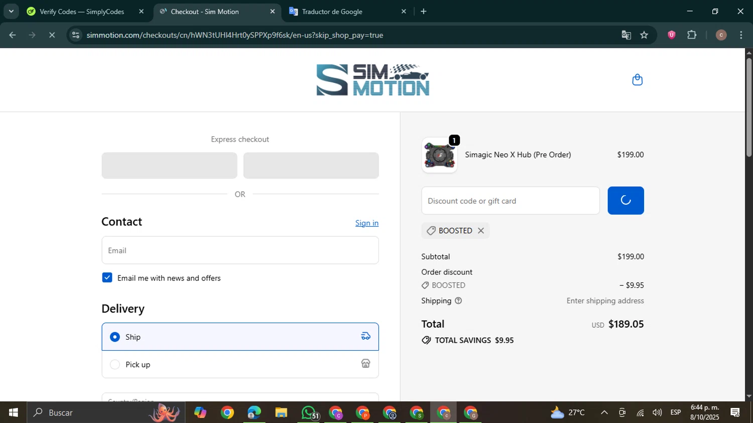 Sim-Motion US promo code screenshot showing code BOOSTED applied at Sim-Motion US checkout page. Uploaded by SimplyCodes community member NobleExpert6497 on Oct 8, 2025