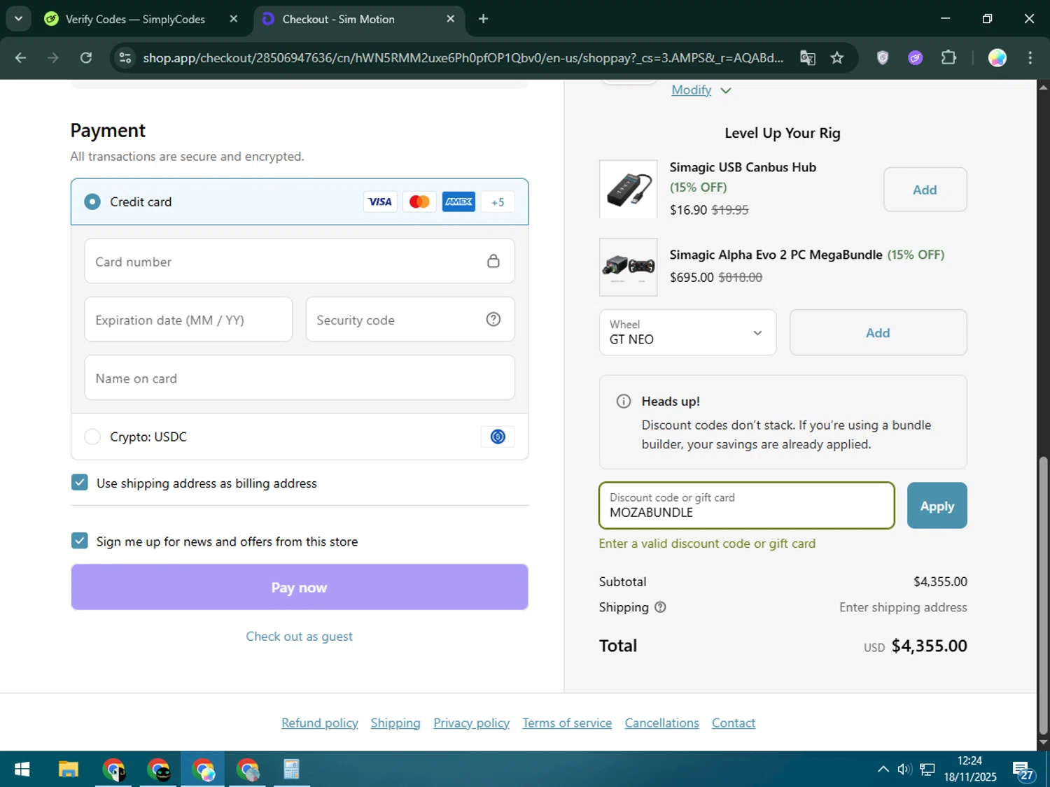 Sim-Motion US promo code screenshot showing code MOZABUNDLE applied at Sim-Motion US checkout page. Uploaded by SimplyCodes community member Estrellitacoairis on Nov 18, 2025