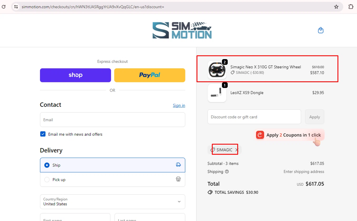 Sim-Motion US promo code screenshot showing code SIMAGIC applied at Sim-Motion US checkout page. Uploaded by SimplyCodes community member nileskamarcano on Oct 8, 2025
