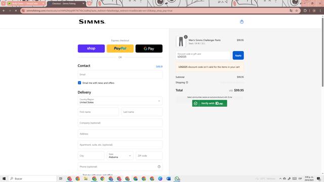 Simms checkout page showing Simms coupon code box | Screenshot taken by SimplyCodes community member on Aug 29, 2025