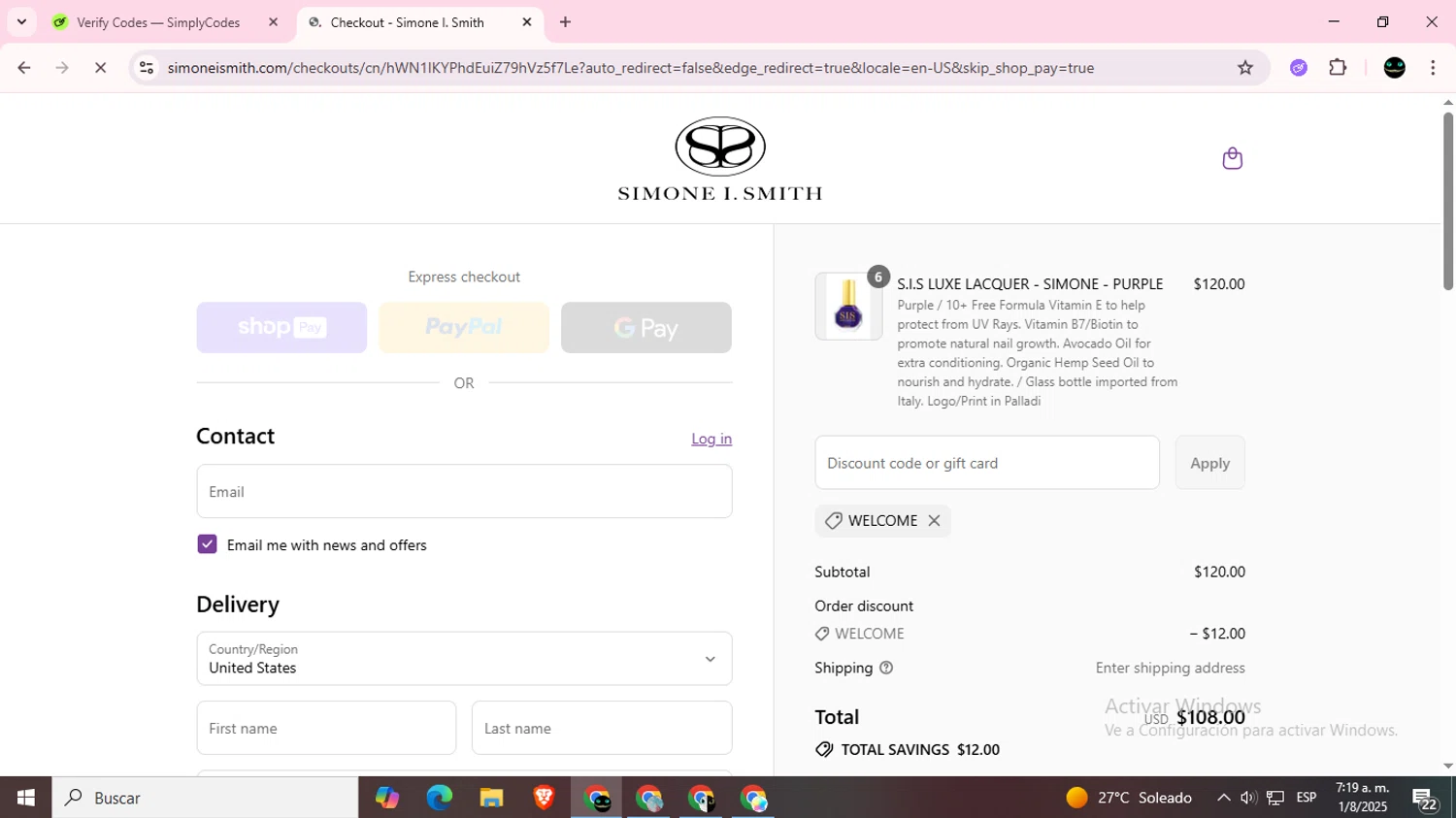 Simone I. Smith discount code screenshot showing code WELCOME applied at Simone I. Smith checkout page. Uploaded by SimplyCodes community member BargainWizard5755 on Aug 1, 2025
