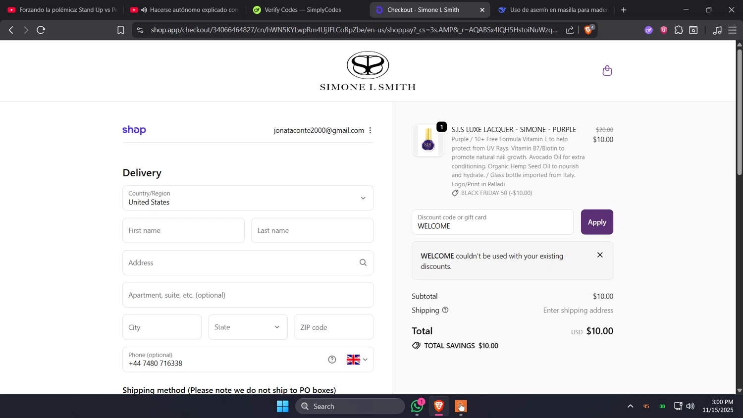 Simone I. Smith discount code screenshot showing code WELCOME applied at Simone I. Smith checkout page. Uploaded by SimplyCodes community member Holadiablo on Nov 15, 2025