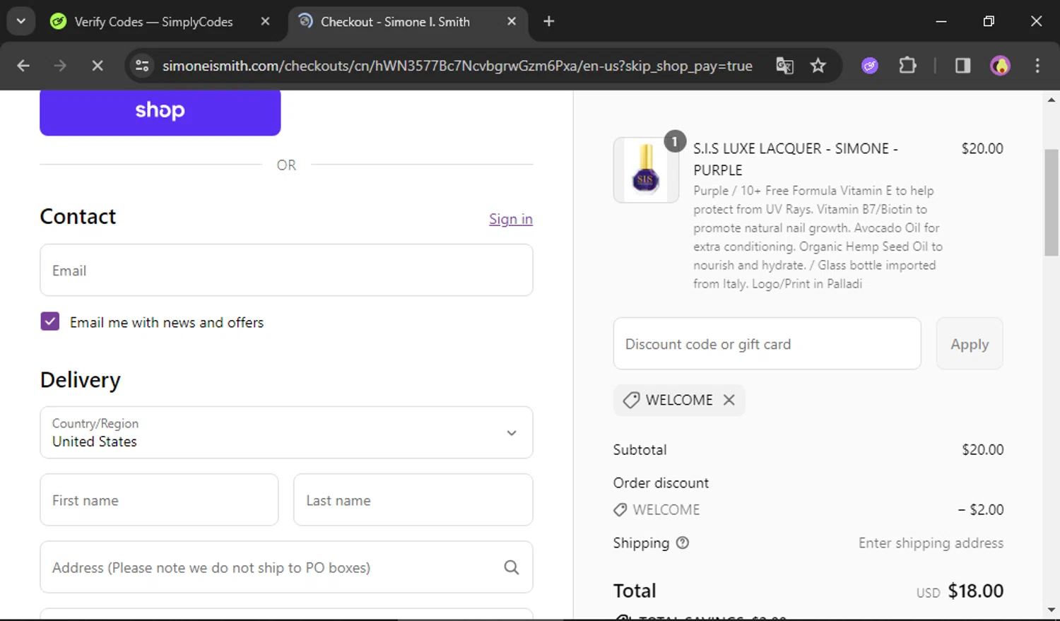 Simone I. Smith discount code screenshot showing code WELCOME applied at Simone I. Smith checkout page. Uploaded by SimplyCodes community member PMALONE on Sep 17, 2025