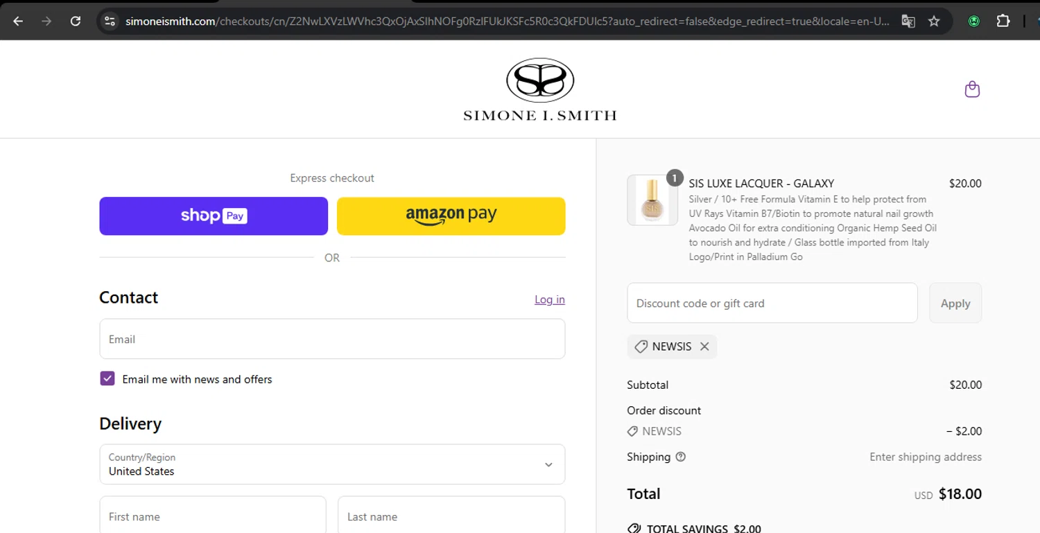 Simone I. Smith discount code screenshot showing code NEWSIS applied at Simone I. Smith checkout page. Uploaded by SimplyCodes community member RoyalSpotter5217 on Jun 13, 2025