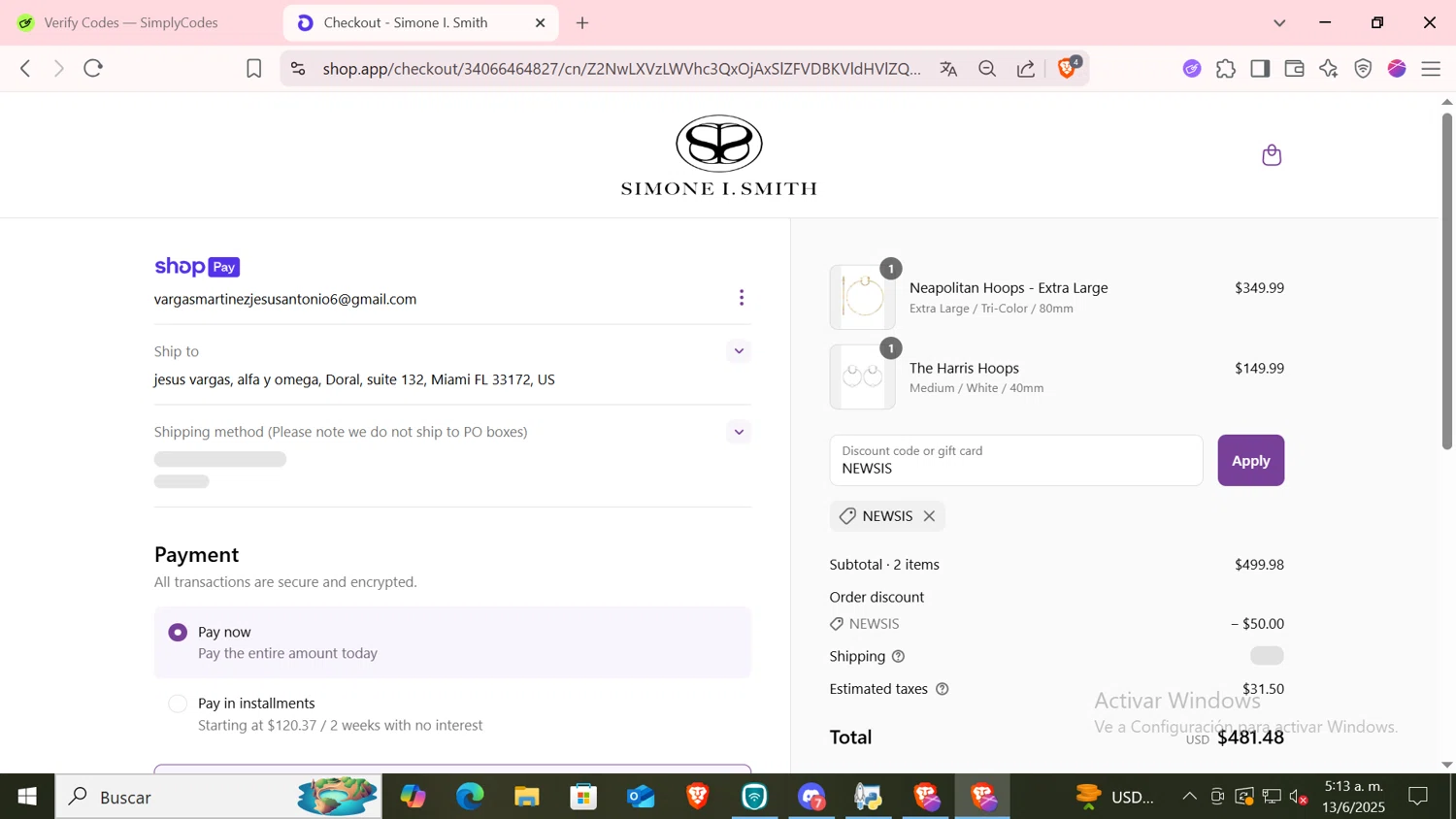 Simone I. Smith discount code screenshot showing code NEWSIS applied at Simone I. Smith checkout page. Uploaded by SimplyCodes community member CODMOBILE2 on Jun 13, 2025