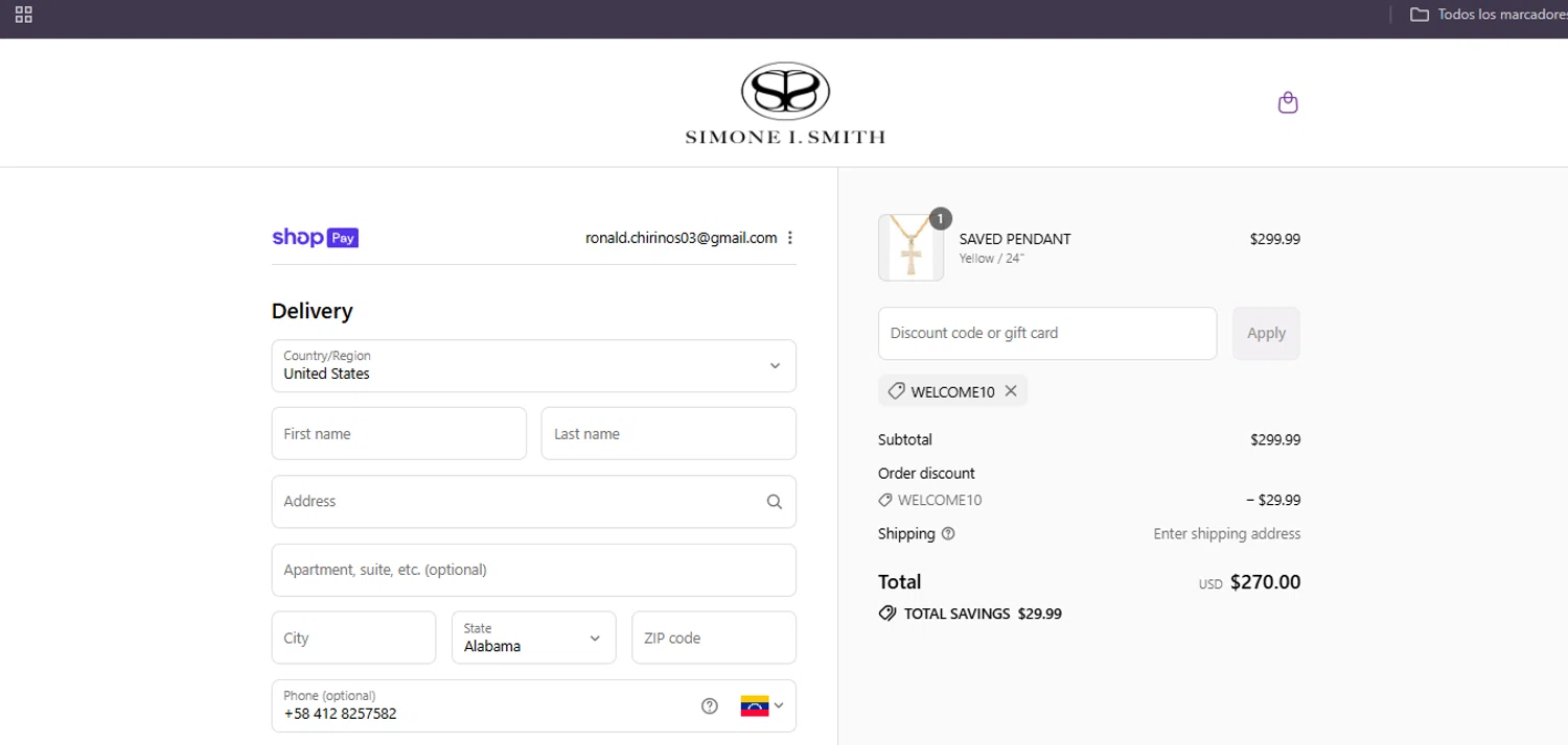 Simone I. Smith discount code screenshot showing code WELCOME10 applied at Simone I. Smith checkout page. Uploaded by SimplyCodes community member Egni_149037891 on Jul 28, 2025