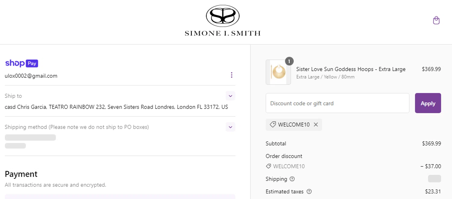 Simone I. Smith discount code screenshot showing code WELCOME10 applied at Simone I. Smith checkout page. Uploaded by SimplyCodes community member MoneySpotter869 on Jan 16, 2025