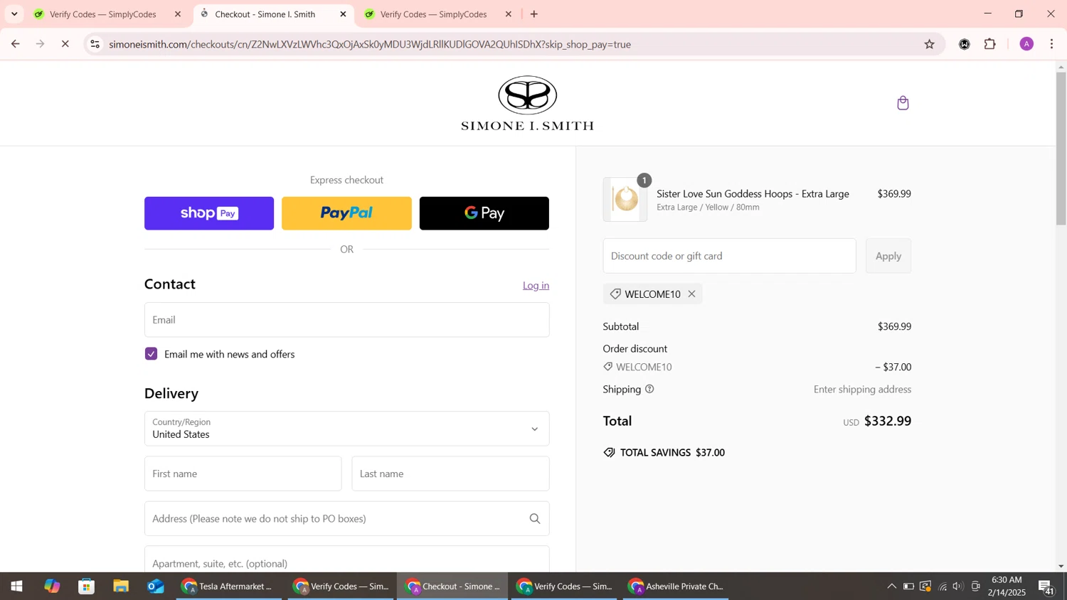 Simone I. Smith discount code screenshot showing code WELCOME10 applied at Simone I. Smith checkout page. Uploaded by SimplyCodes community member ShrewdMaverick9198 on Feb 14, 2025