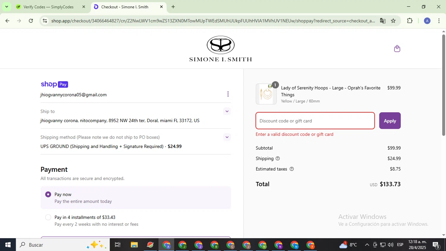 Simone I. Smith discount code screenshot showing code OPRAH applied at Simone I. Smith checkout page. Uploaded by SimplyCodes community member TreasureCaptain5531 on Apr 28, 2025