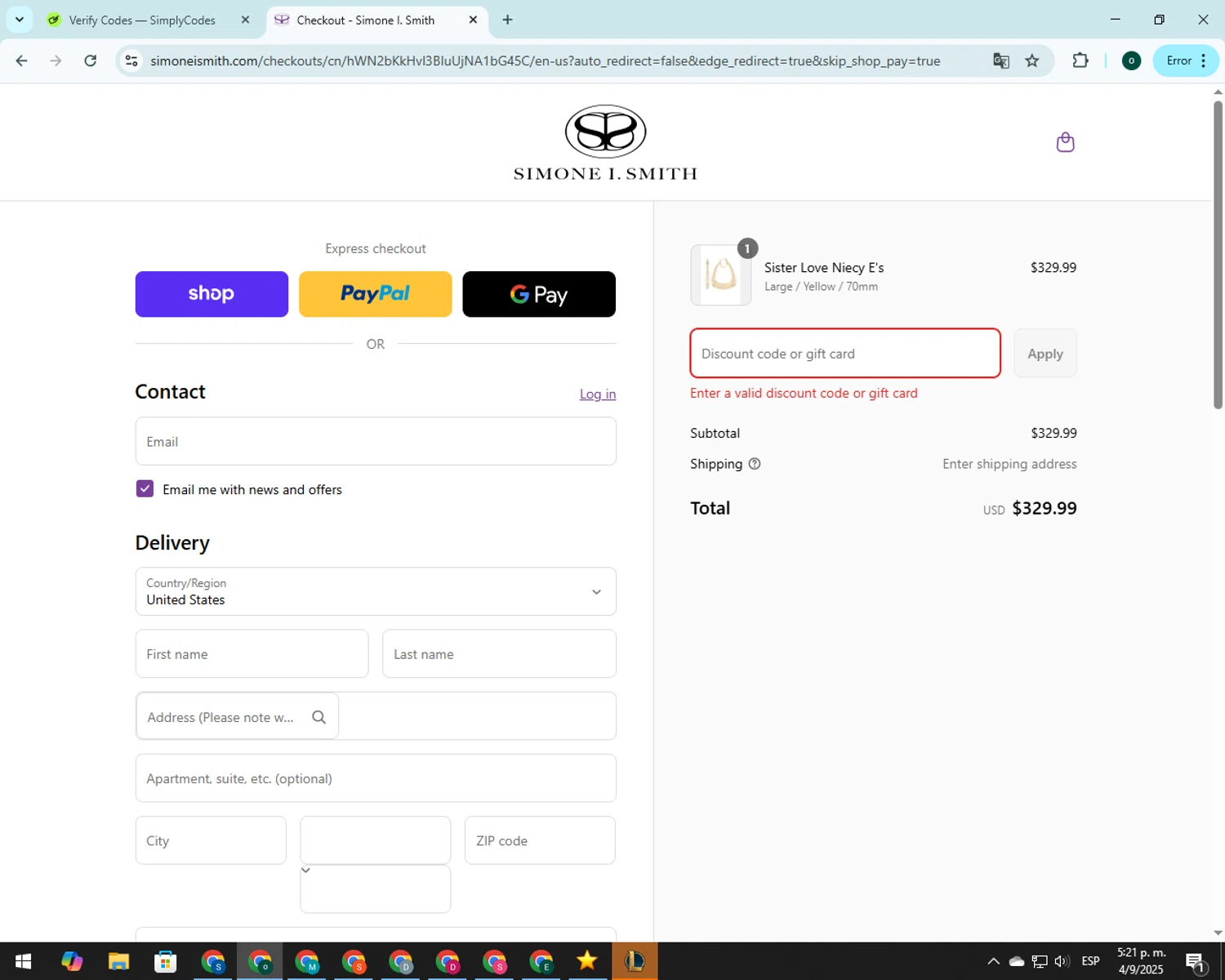 Simone I. Smith discount code screenshot showing code NIECY applied at Simone I. Smith checkout page. Uploaded by SimplyCodes community member 00000008 on Sep 4, 2025