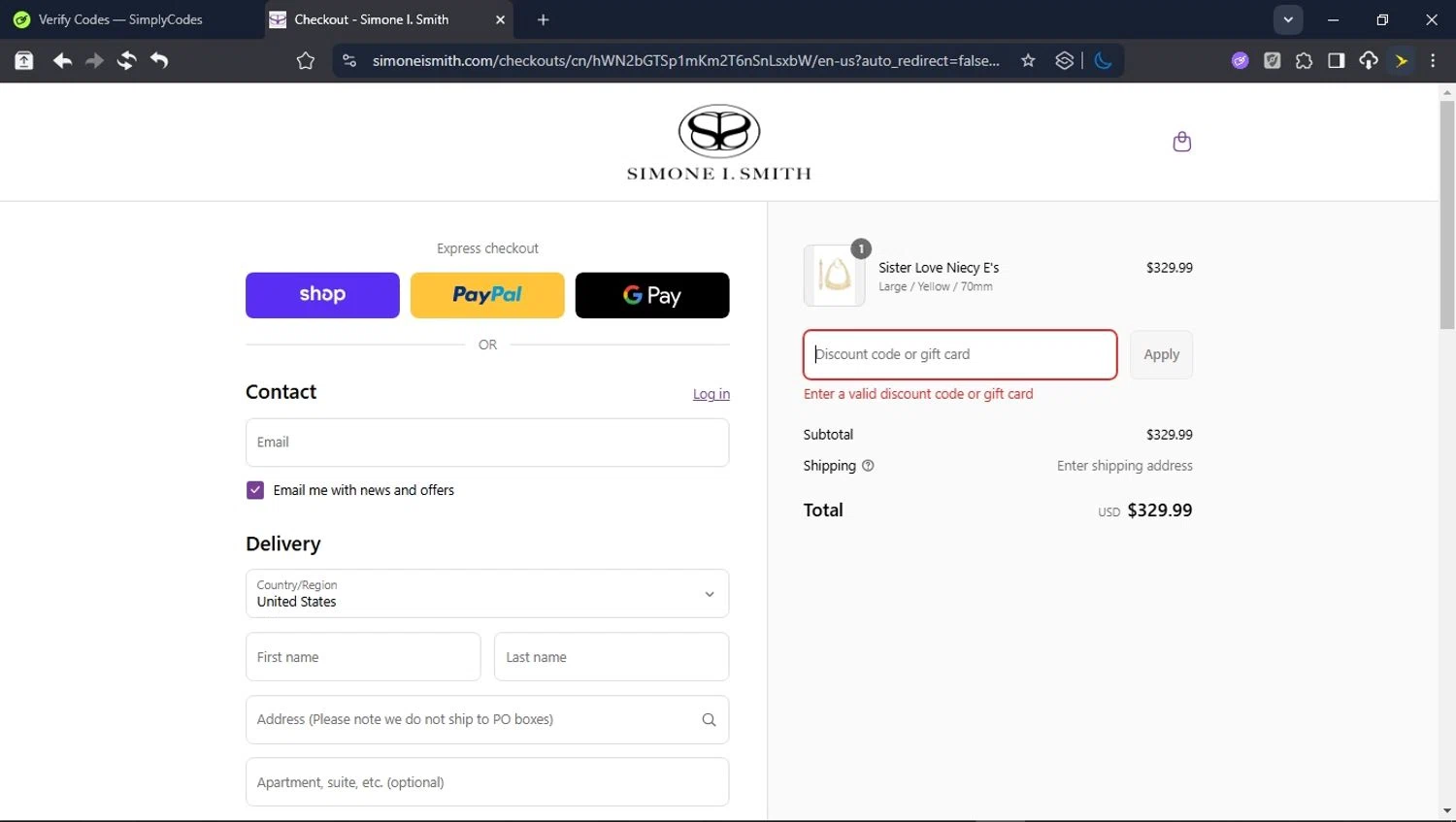 Simone I. Smith discount code screenshot showing code NIECY applied at Simone I. Smith checkout page. Uploaded by SimplyCodes community member USERR1 on Sep 4, 2025