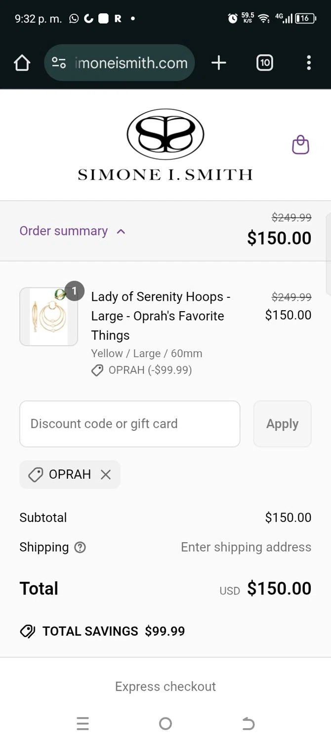 Simone I. Smith discount code screenshot showing code Oprah applied at Simone I. Smith checkout page. Uploaded by SimplyCodes community member kellymoreno on May 13, 2025
