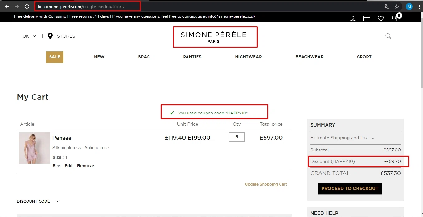 Simone Pérèle checkout page showing Simone Pérèle promo code box | Screenshot taken by SimplyCodes community member on Aug 23, 2020