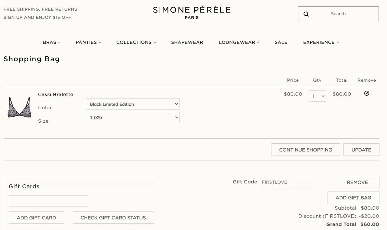 Simone Pérèle checkout page showing Simone Pérèle promo code box | Screenshot taken by SimplyCodes community member on Feb 7, 2021