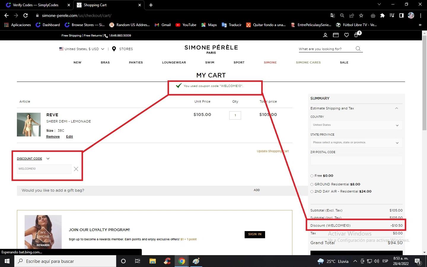 Simone Pérèle checkout page showing Simone Pérèle promo code box | Screenshot taken by SimplyCodes community member on Apr 28, 2022
