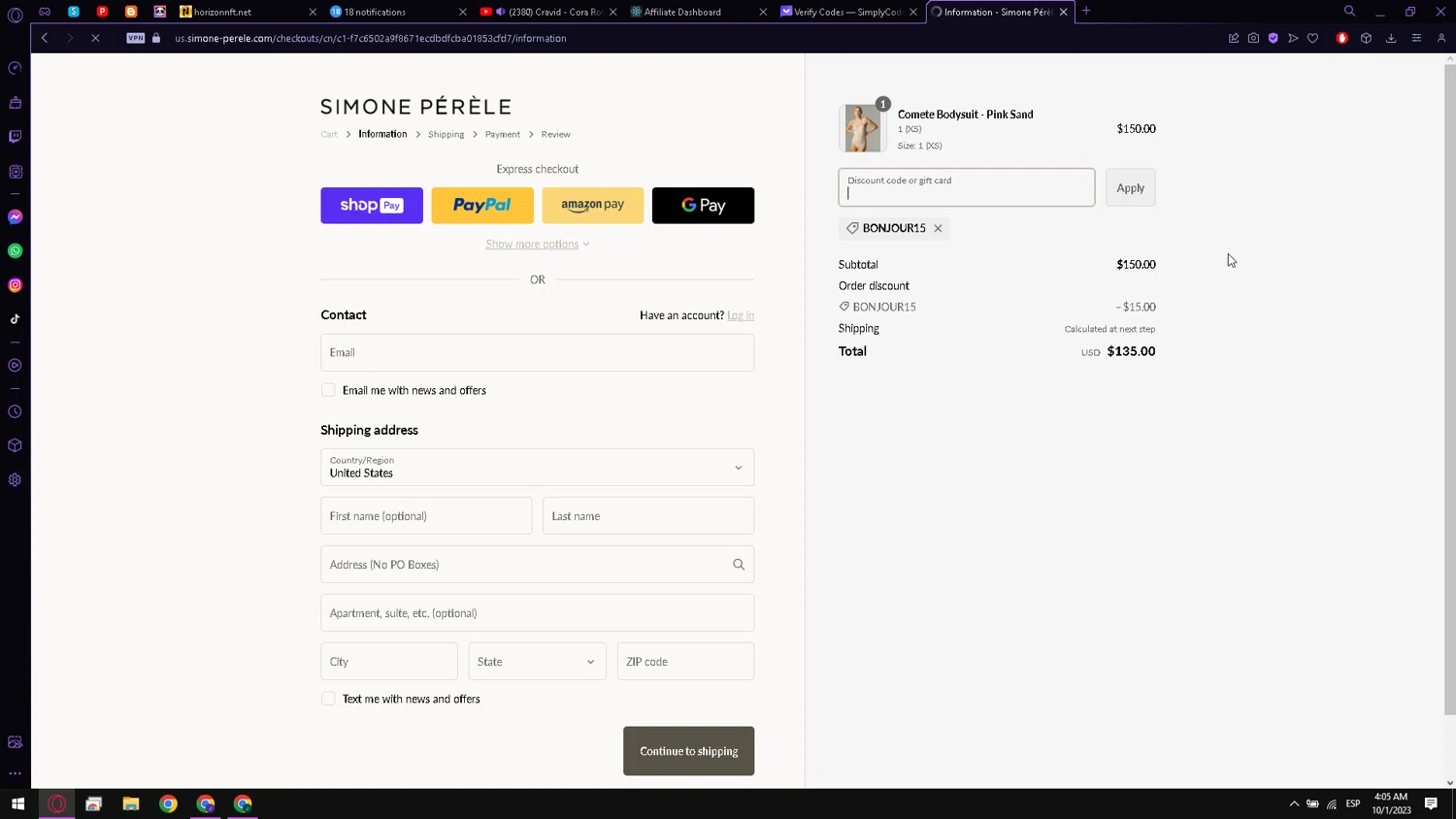 Simone Pérèle checkout page showing Simone Pérèle promo code box | Screenshot taken by SimplyCodes community member on Oct 1, 2023