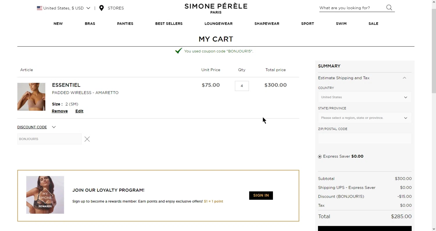 Simone Pérèle checkout page showing Simone Pérèle promo code box | Screenshot taken by SimplyCodes community member on Jun 7, 2023