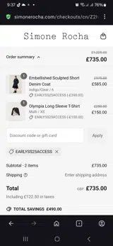 Simone Rocha coupon verification screenshot