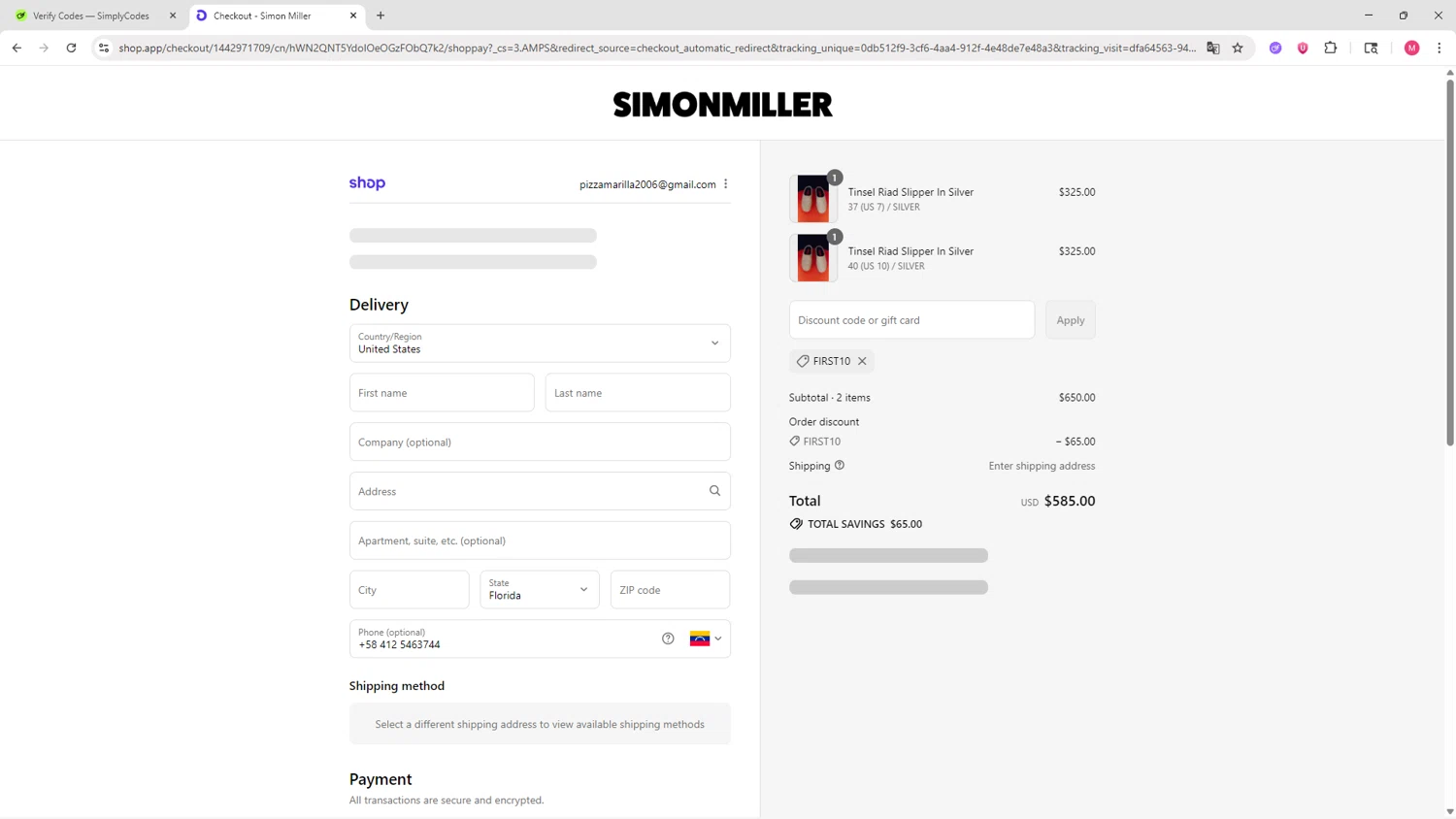 Simon Miller discount code screenshot showing code first10 applied at Simon Miller checkout page. Uploaded by SimplyCodes community member CBR600 on Aug 31, 2025