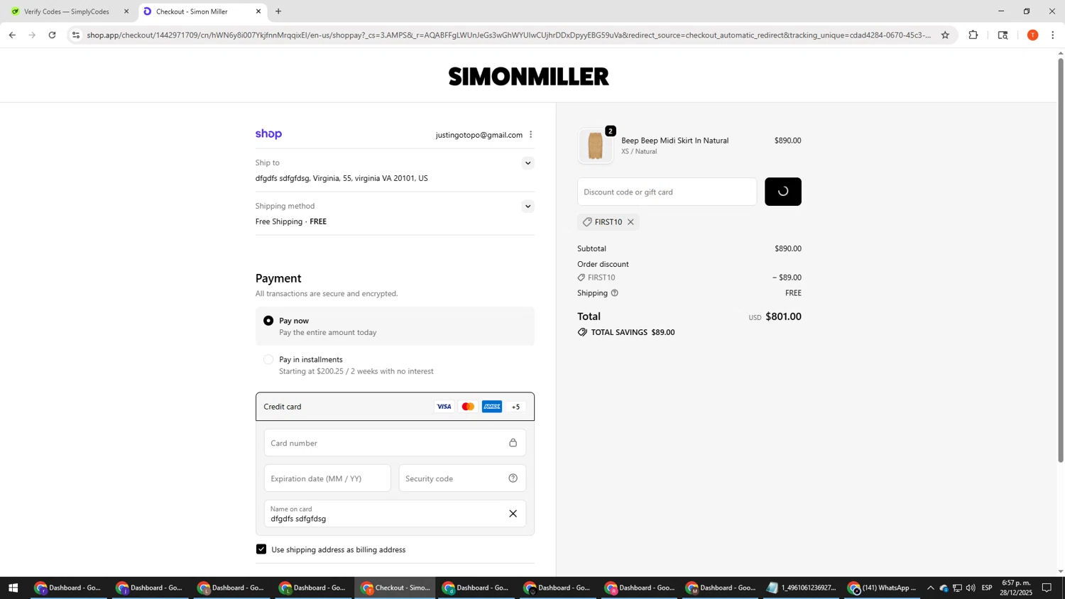 Simon Miller discount code screenshot showing code first10 applied at Simon Miller checkout page. Uploaded by SimplyCodes community member HHHHHHH on Dec 28, 2025