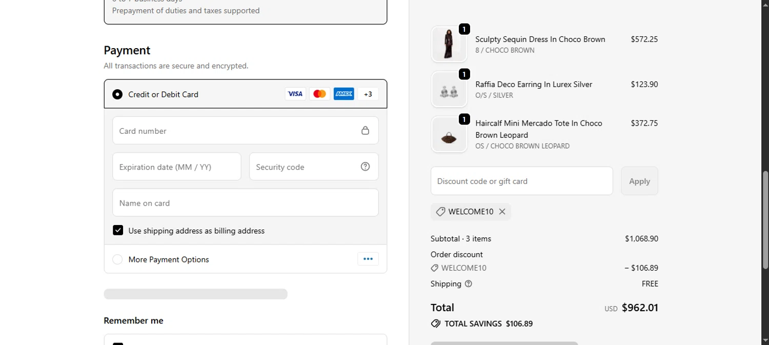 Simon Miller discount code screenshot showing code welcome10 applied at Simon Miller checkout page. Uploaded by SimplyCodes community member noworries on Oct 7, 2025