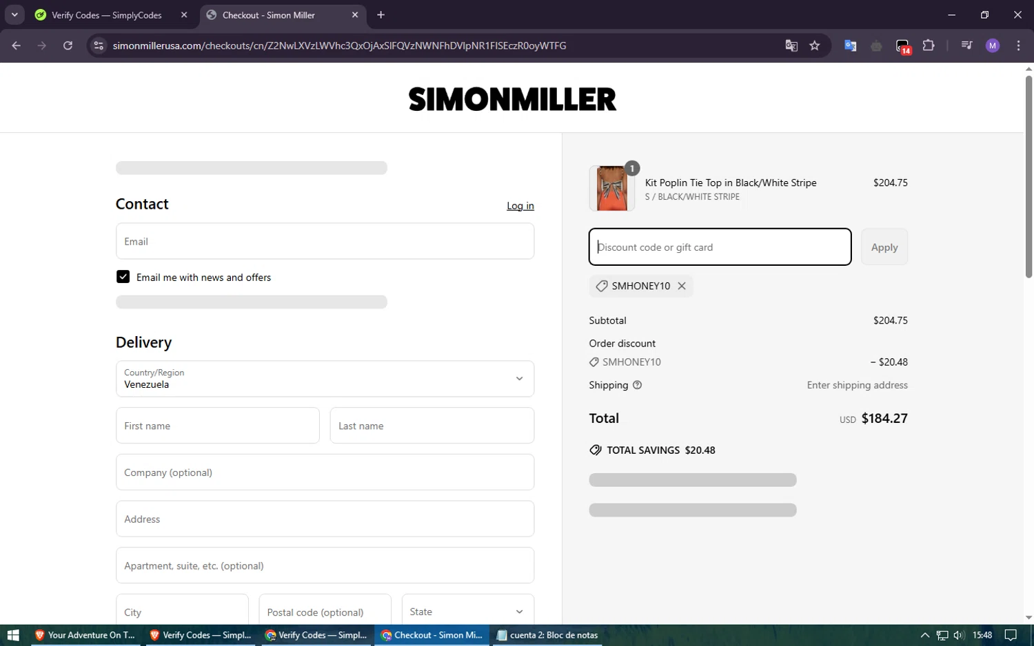 Simon Miller discount code screenshot showing code SMHONEY10 applied at Simon Miller checkout page. Uploaded by SimplyCodes community member usuario500 on Mar 31, 2025