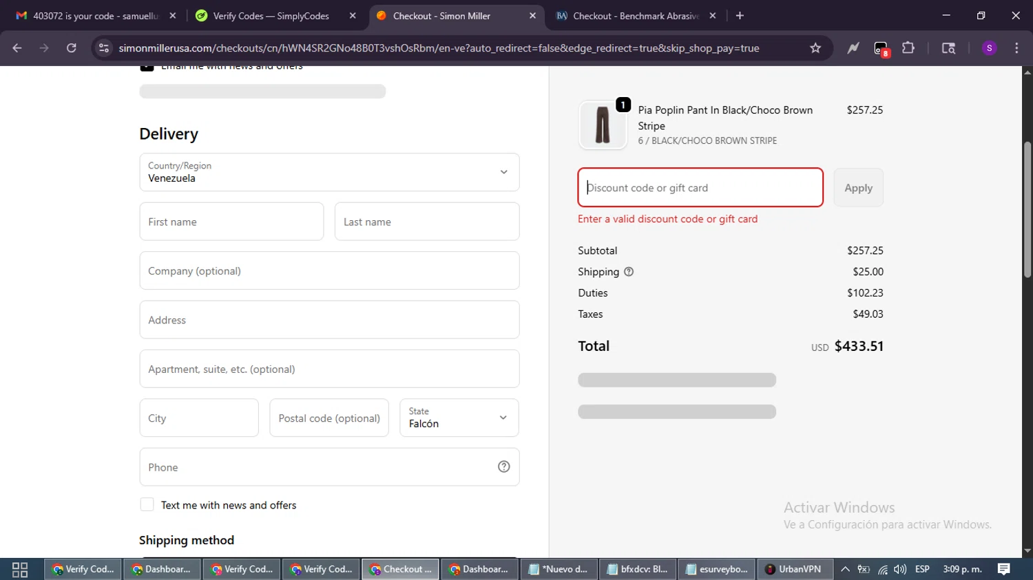 Simon Miller discount code screenshot showing code FLASH25 applied at Simon Miller checkout page. Uploaded by SimplyCodes community member ShieldWarden7838 on Oct 23, 2025